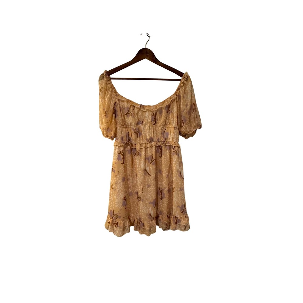 Simplee Floral Mini Dress Womens Medium Yellow Excellent Ruffle Puff Sleeve Boho